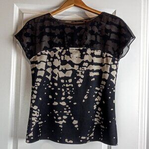 Eiie Tahari Beige Black Silk Sheer Overlay Cap Sleeve Top
